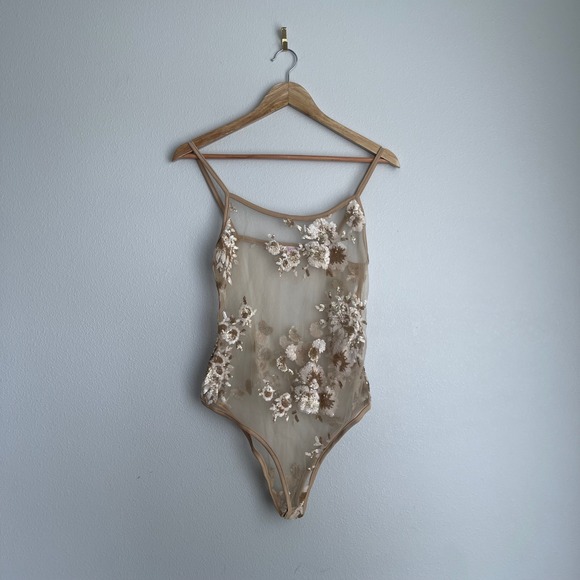 A'Gaci Sheer Floral Sequin Beaded Mesh Bodysuit Size Large‎ - Picture 1 of 10